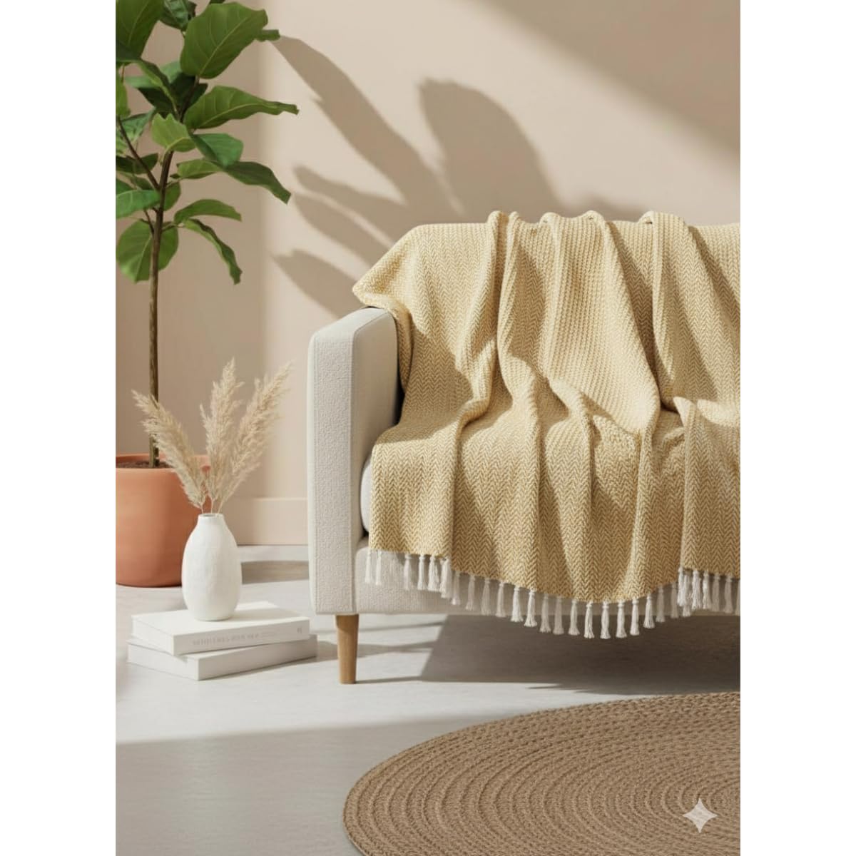 24x7 Home Store Decorative Sofa Throw Blanket with Tassel Fringe, Boho Style, Cream and Navy (Yellow, Knitted) Kafalo