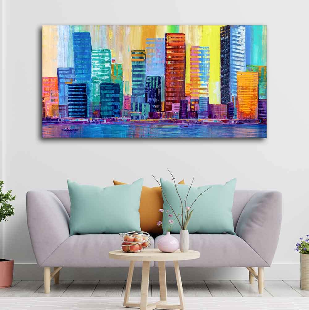 VIBECRAFTS Canvas Paintings for Living Room Drawing Room Colorful City Skyline Canvas Wall Painting Fitted With Wooden Frame For Home | Office | Living Room | Gift (PTVCH_2492)
