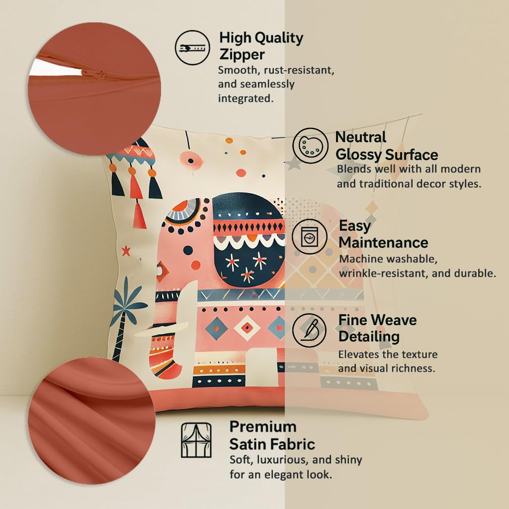 STITCHNEST Elephant & Boho Floral Satin Cushion Covers 16x16 Inch, Pack of 5 for Living Room, Sofa & Kids Room Decor