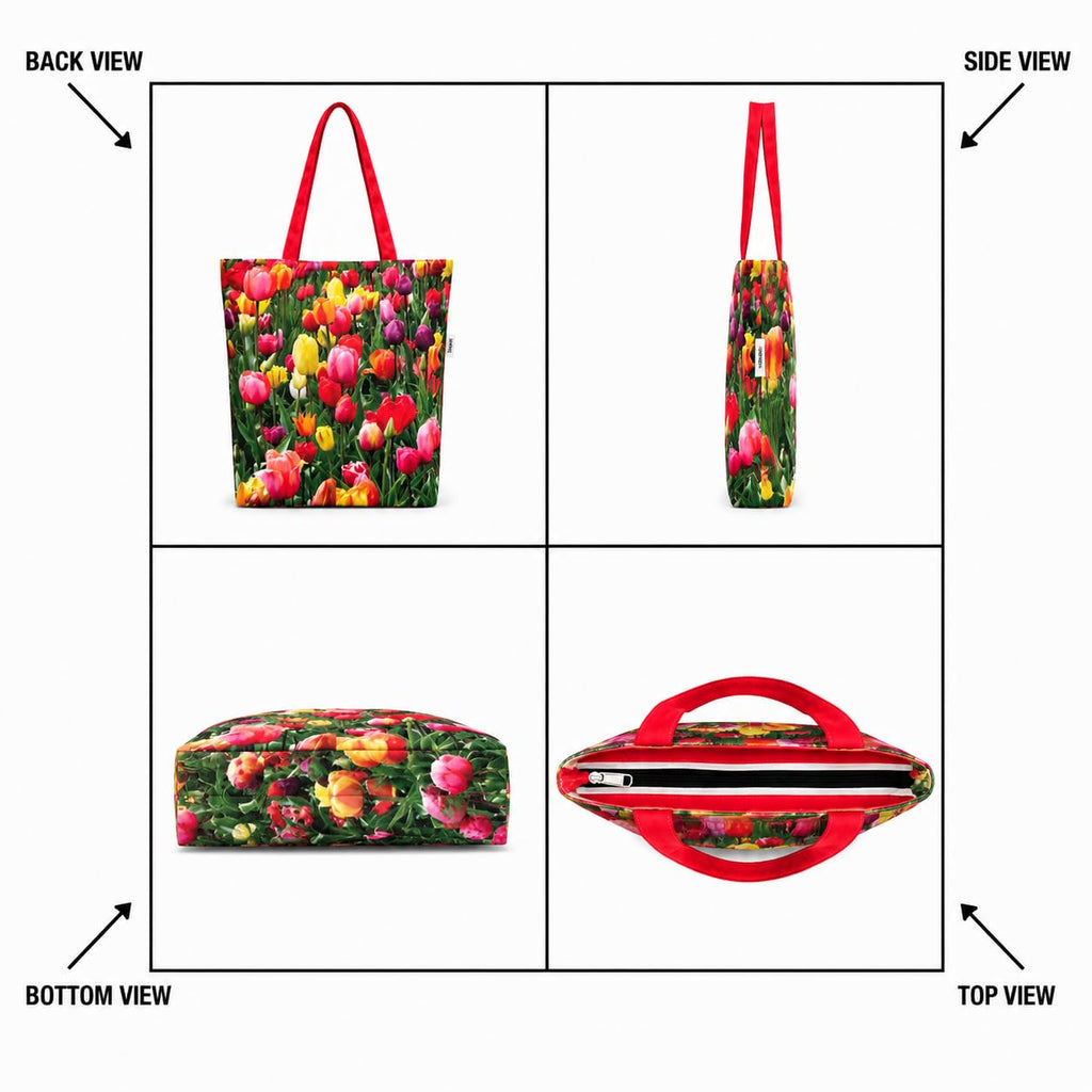 MINTHILL Canvas premium Tote Bag for Women with Zipper & liner, innerpocket Reusable Shoulder Bag for Shopping, Work, Travel, Daily Carry, Lightweight, Easy Care (Tulip Garden)