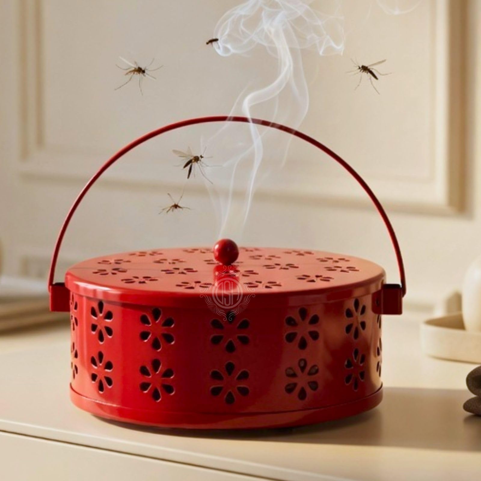 DSH Metal Mosquito Coil Holder with Lid & Handle Ash Catcher Stand for Mosquito Coil Indoor Outdoor Safe Use (Red)