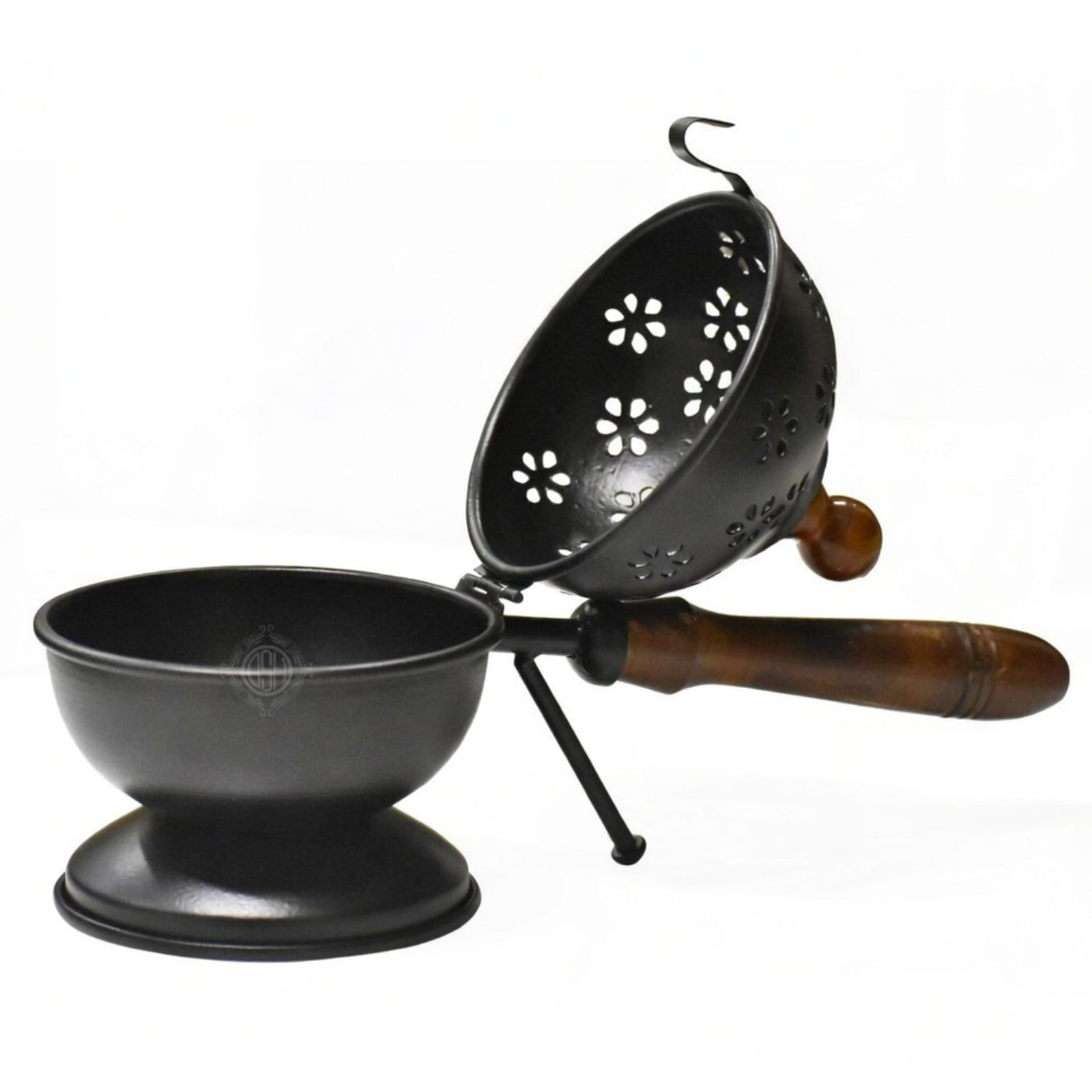 DSH Metal Loban Dani with Wooden Handle Round Dhoop Dani Incense Burner for Bakhoor, Sambrani, Puja & Home Fragrance (LBN-DOM-Black)