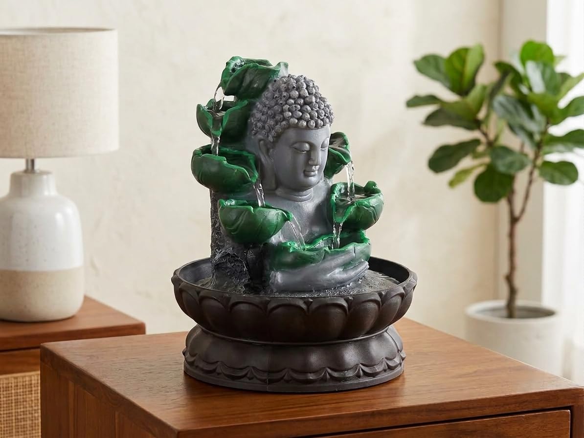 Kridaykraft Decorative Buddha Face Water Fountain for Home Decor, Indoor Tabletop Zen Fountain with LED Light, Relaxing Fountain for Living Room, Office Desk, Meditation, 24 cm