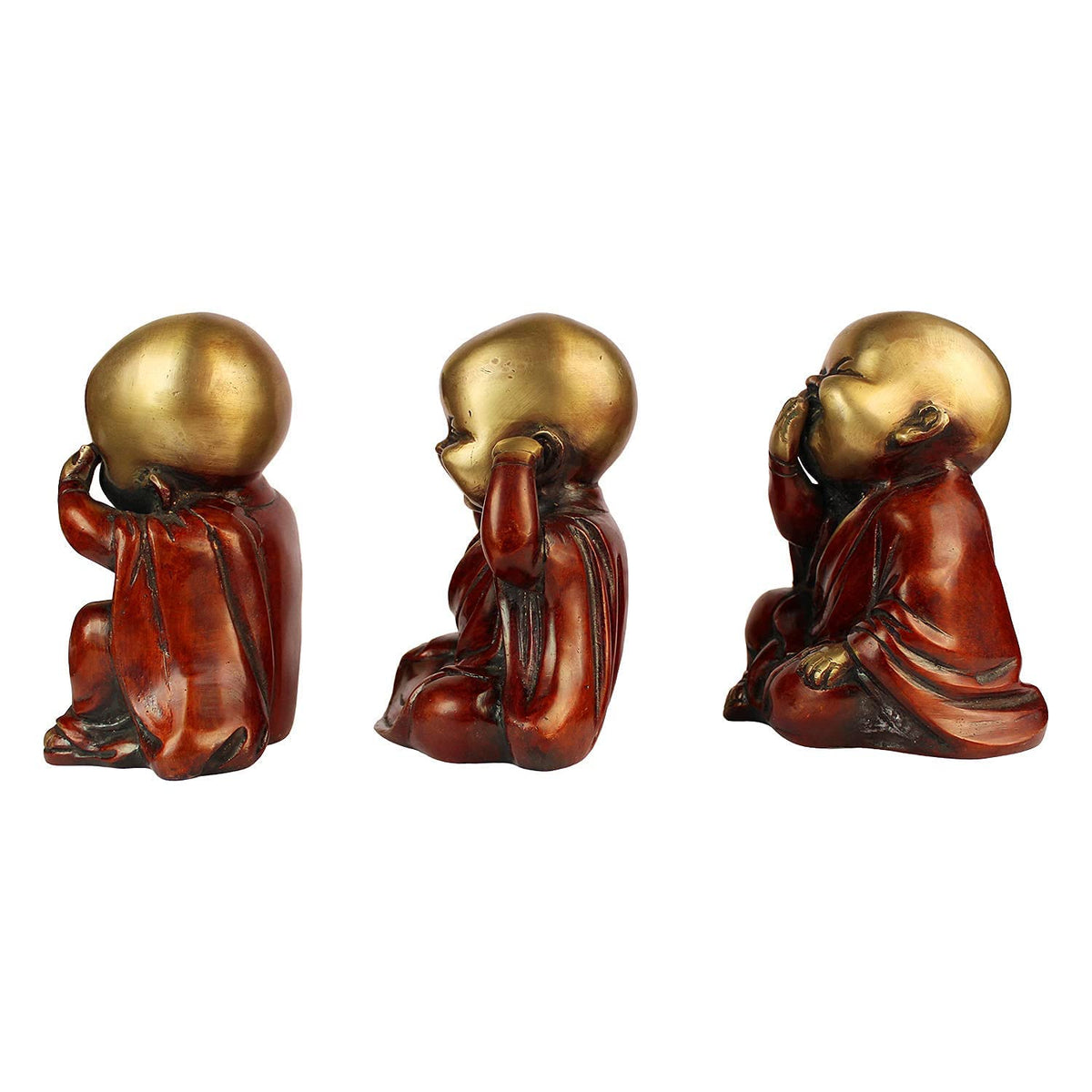 Svarup Three Wise Monks in Brass Statues of Baby Buddha Who Hear No Evil Don't Do Evil, Don't Speak Evil Set of Three Buddha Statues Height 5 Inch Weight 4 Kg Color Cherry Gold