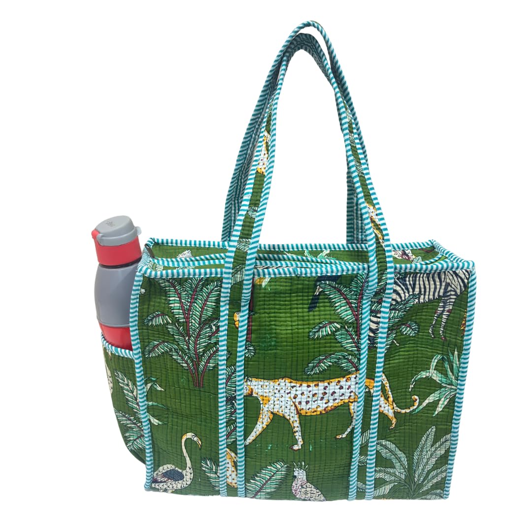 The House of RajPadmini Floral Quilted Cotton Shopping Tote Bag, 16x16 inches, Striped Trim, External Bottle Pocket (Animal Print Green)