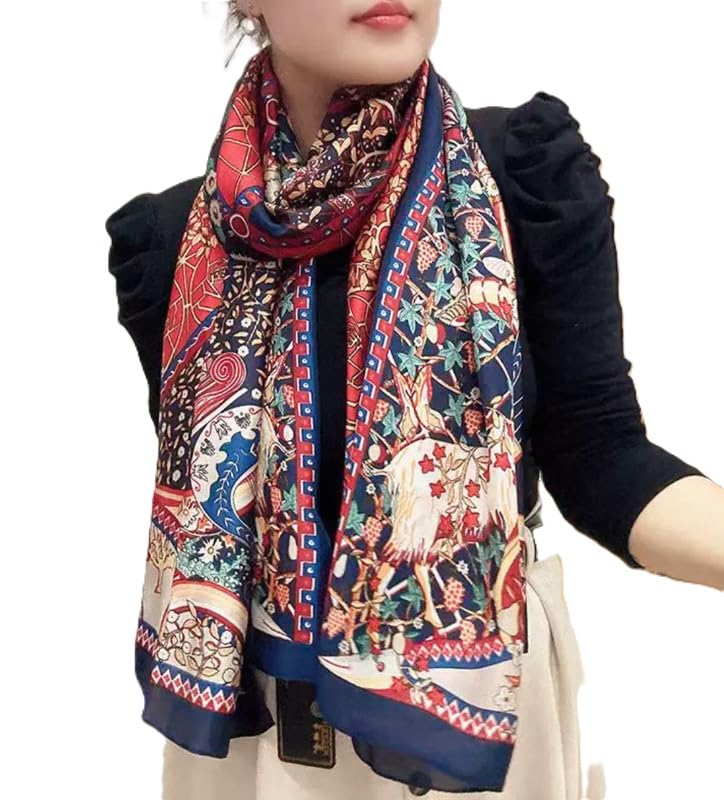 Alexvyan Satin Silk Summer Scarves 170 x 84 cm, Red Multicoloured Printed with Stitched Border, Lightweight Fashion Scarf for Women Sun Protection Stole