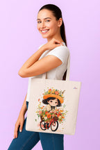 TUNI MANI Stylish Digital Printed Cotton Tote Bag for Women –Multipurpose Ecofriendly Bag with Zipper Closure | Bottle Holder & Inner Utility Pockets (Flower Girl)