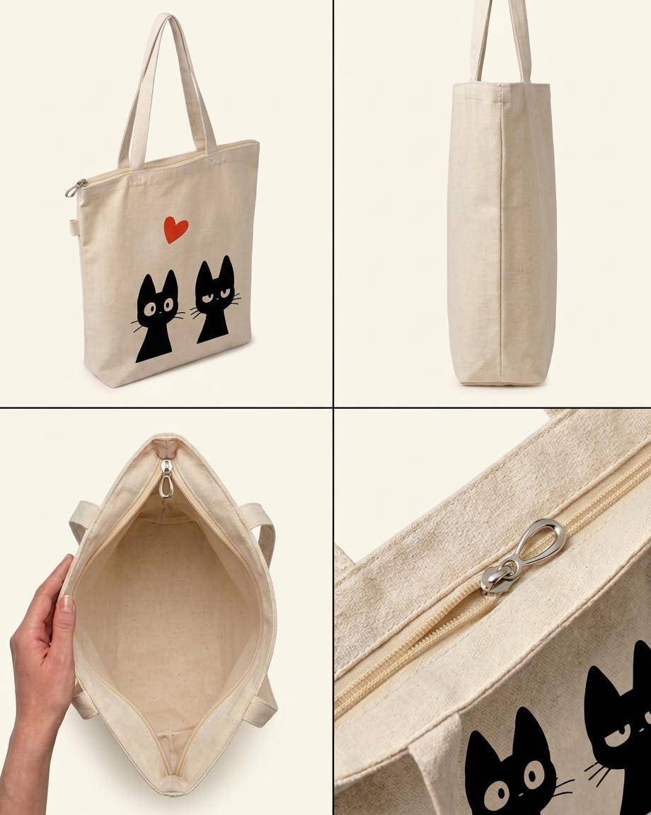 aurora trading Premium Cotton Tote Bag (380 GSM) - Cute Minimalist Love Cats Design. Durable and stylish for everyday essentials.
