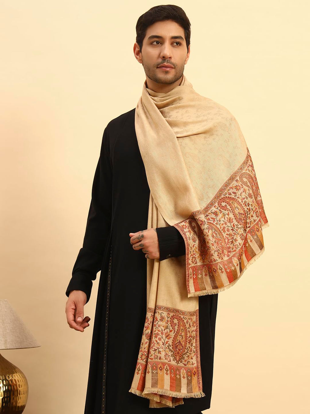 Pashmoda Men Gulpari Kaani Stole, Authentic Kashmiri Luxury Pashmina Style Shawl, Stole, Small Size Gents Lohi, (Size 28x80 Inches,Beige Color) MAVST06