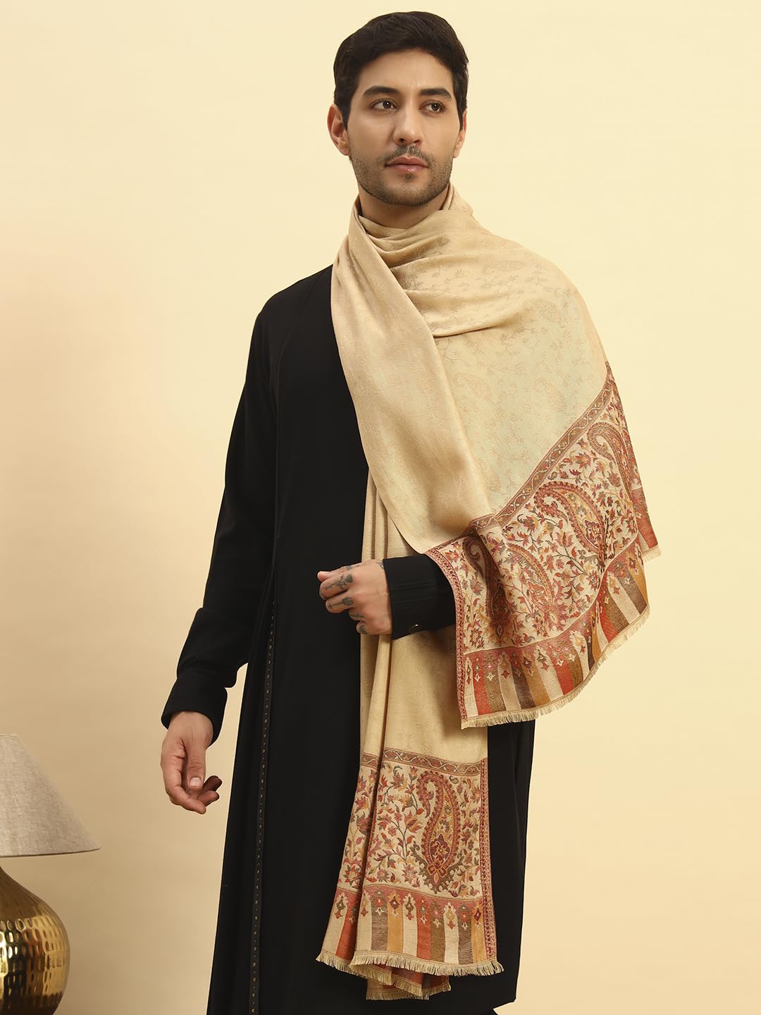 Pashmoda Men Gulpari Kaani Stole, Authentic Kashmiri Luxury Pashmina Style Shawl, Stole, Small Size Gents Lohi, (Size 28x80 Inches,Beige Color) MAVST06
