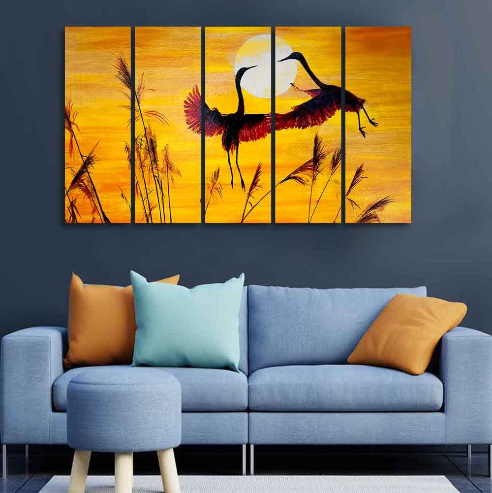 VIBECRAFTS Cranes Flying 5 Pieces Canvas Wall Painting For Home | Office | Living Room | Gift (PTVC5Pcs4_8509)