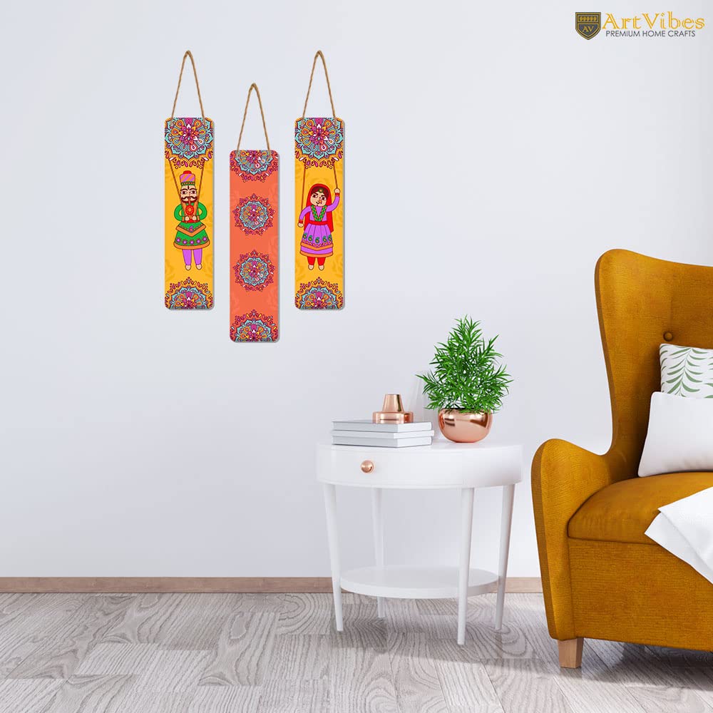 Artvibes Dancing Puppets Wooden Art Decoration Item for Living Room | Living Room | Office | Cafe | Painting Wall Decor | Wall Illustrations | Handcrafted Art | Gift Items (WH_8103N), Set of 3