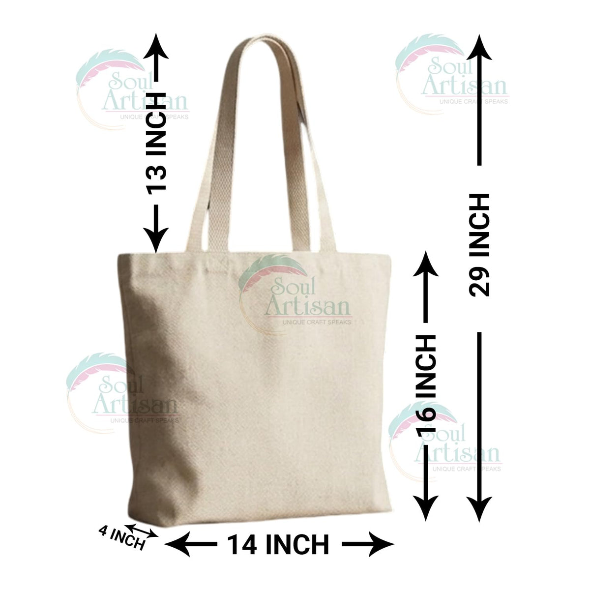 Soul Artisan Cotton Canvas Tote Bag with Bottom Gusset and Strong Handle (Size: 14X16 Inch, 13 Inch Handle) - Pack of 2 - Foldable Reusable Shopping Hand Bag for Office, College, Travel & Daily Use