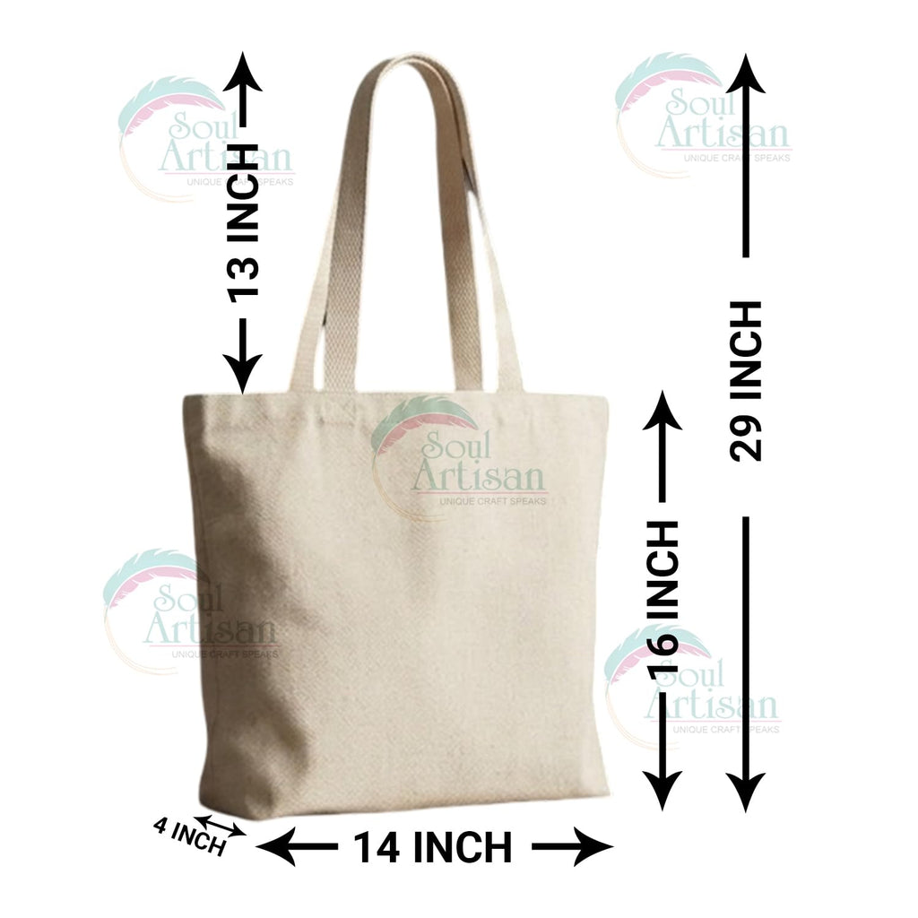 Soul Artisan Cotton Canvas Tote Bag with Bottom Gusset and Strong Handle (Size: 14X16 Inch, 13 Inch Handle) - Pack of 4 - Foldable Reusable Shopping Hand Bag for Office, College, Travel & Daily Use
