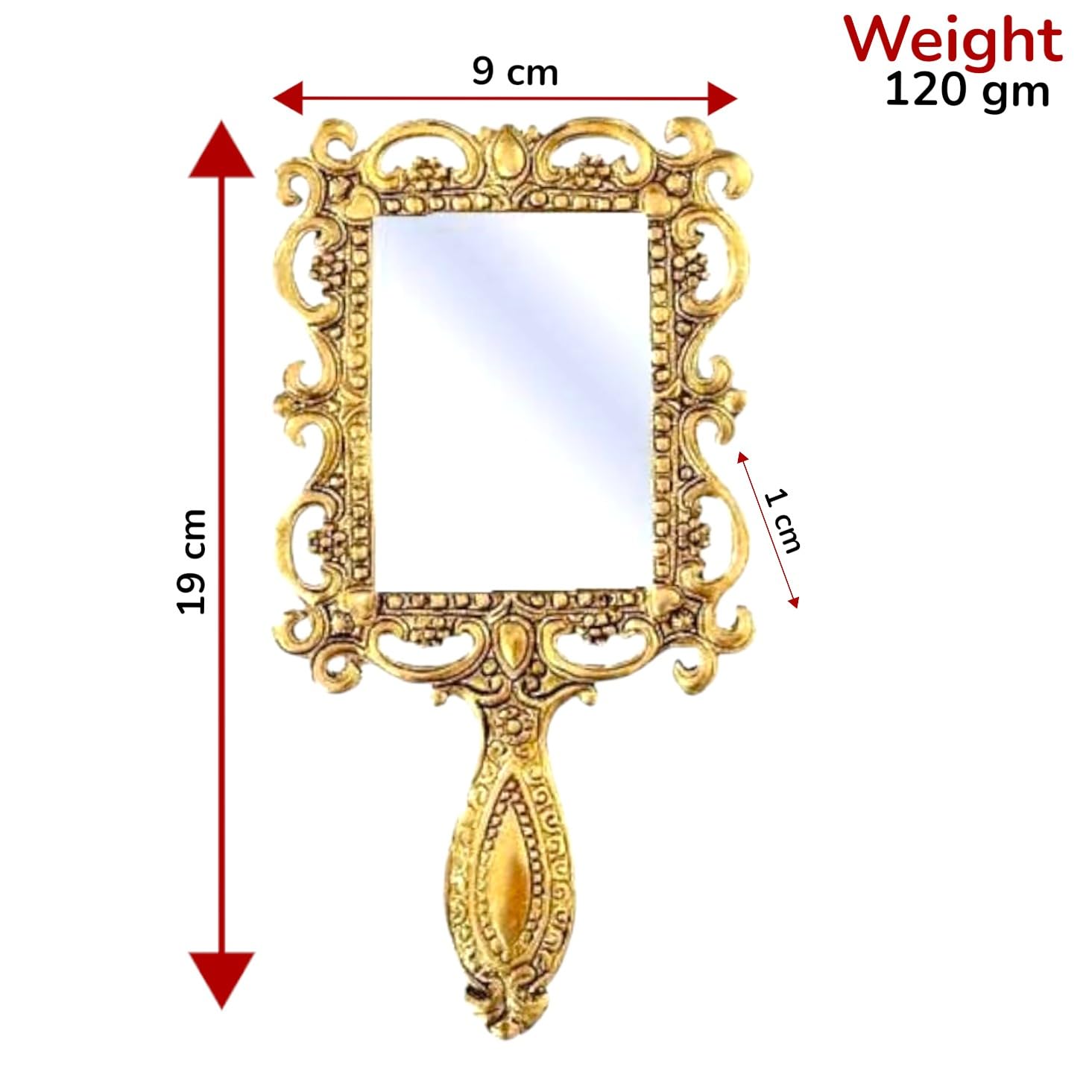 KridayKraft Beautifully Carved Square Shape Gold Plating Metal Hand Mirror for Makeup, Travelling, Salon Mirror & Decorative Antique Item, framed