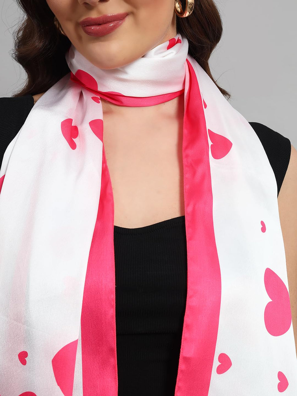 Ravaiyaa - Attitude is everything Women Lightweight Printed 100% Satin Silk Scarf Stoles Breathable Neckerchief Head Beach Wrap Scarves (White Pink Heart, 70 x 20 Inch)