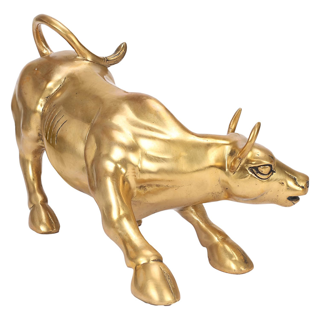SVARUP Brass Stock Market Wall Street Charging Bull Ox Statue Sculpture Showpiece for Home Office Desk Home Decoration (11 Inch Length)
