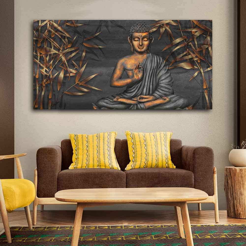 VIBECRAFTS Canvas Paintings for Living Room Drawing Room Buddha Sitting On Lotus Canvas Wall Painting Fitted With Wooden Frame For Home | Office | Living Room | Gift (PTVCH_2480)