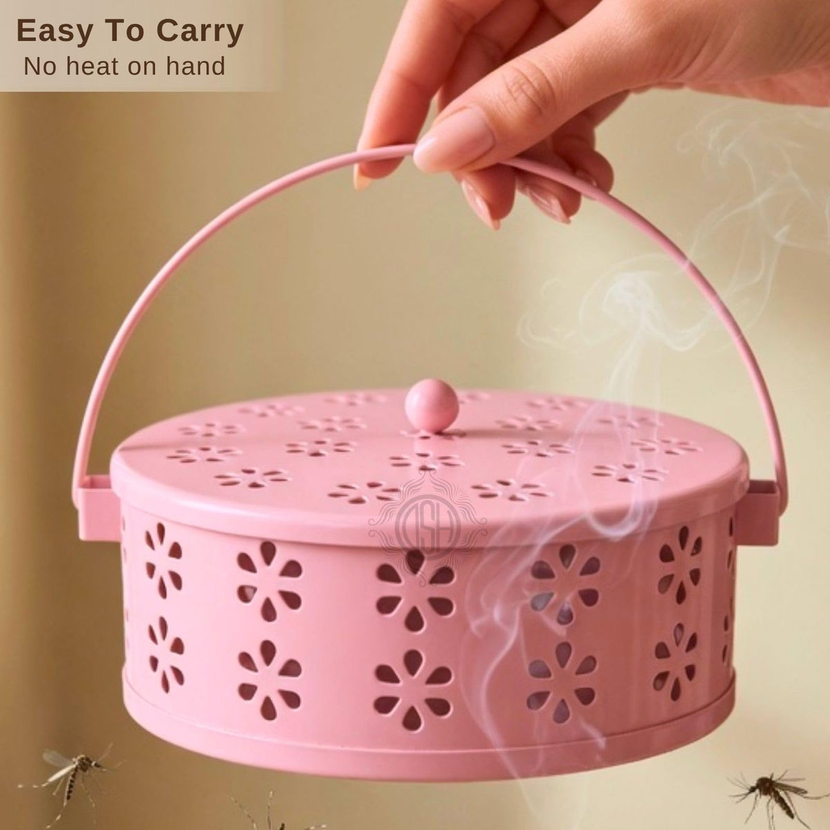 DSH Metal Mosquito Coil Holder with Lid & Handle Ash Catcher Stand for Mosquito Coil Indoor Outdoor Safe Use (Pink)