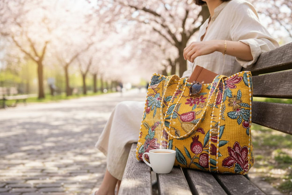 QRUBIS Quilted Cotton Tote Bag, Jungle Flower Safari Tropical Print, Large, Double Handle, 18x6x18 Inches, Unisex, Yellow Flower, Large