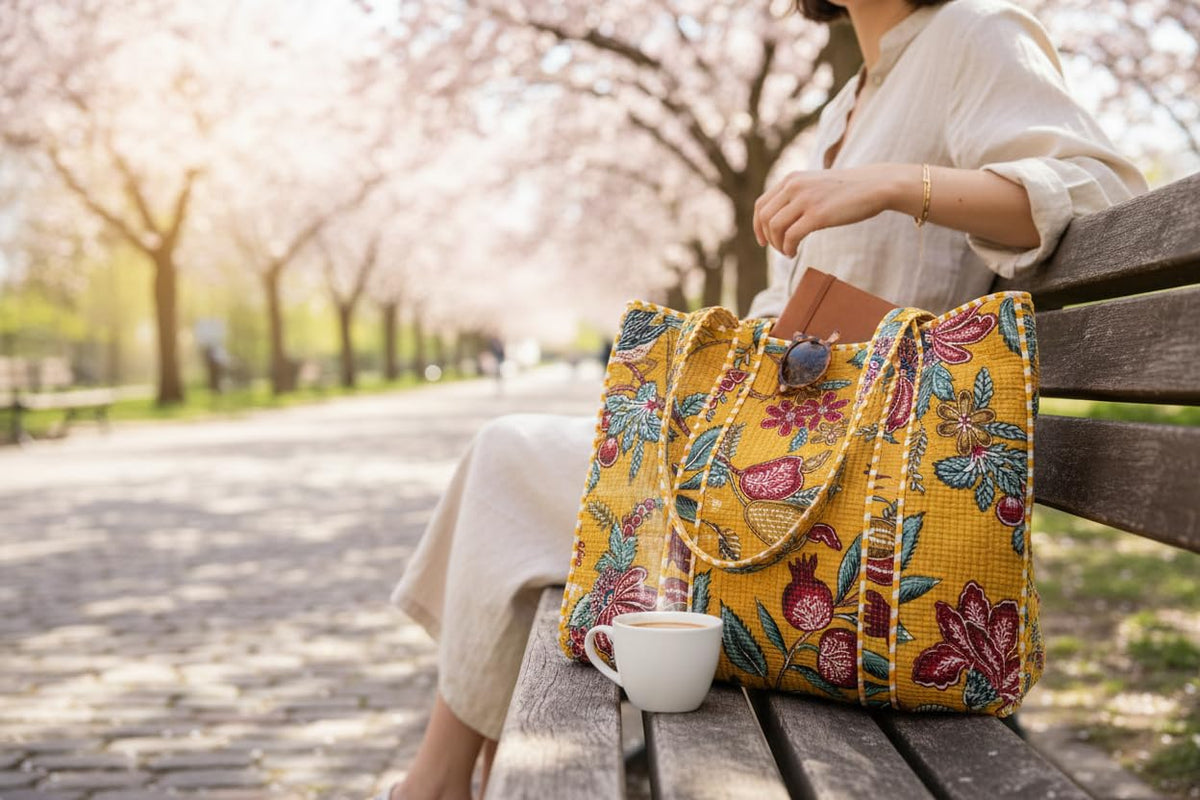 QRUBIS Quilted Cotton Tote Bag, Jungle Flower Safari Tropical Print, Large, Double Handle, 18x6x18 Inches, Unisex, Yellow Flower, Large