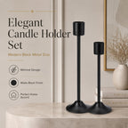 Black Metal Candle Holder Stand Set of 2, Tall Modern Taper Candle Holders with Wide Stable Base, Decorative Tabletop Candle Stands for Living Room, Dining Table, Wedding & Home Decorr