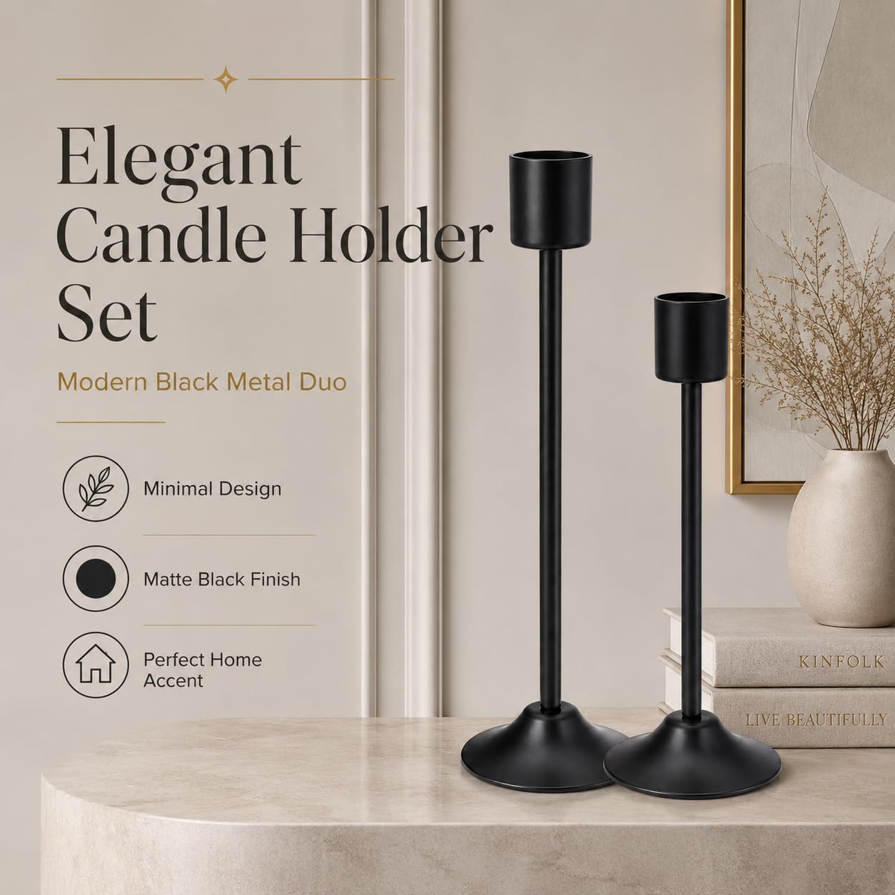 Black Metal Candle Holder Stand Set of 2, Tall Modern Taper Candle Holders with Wide Stable Base, Decorative Tabletop Candle Stands for Living Room, Dining Table, Wedding & Home Decorr