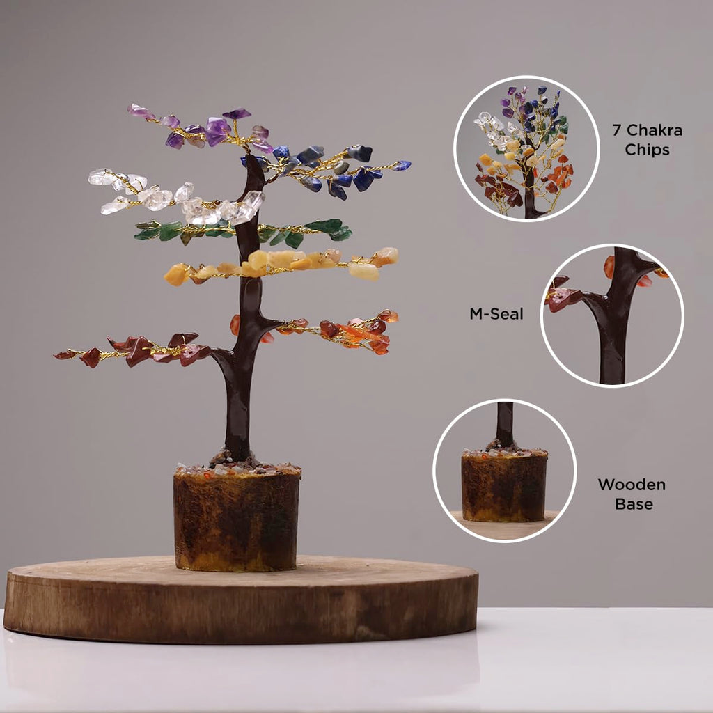 Shubhanjali 7 Chakra Tree 100 Beads M-Seal for Home Decoration | Crystal Tree for Positivity Goodluck | Gemstones | Feng Shui Stone Tree for Living Room, Office Desk & Hall Decor | Gift