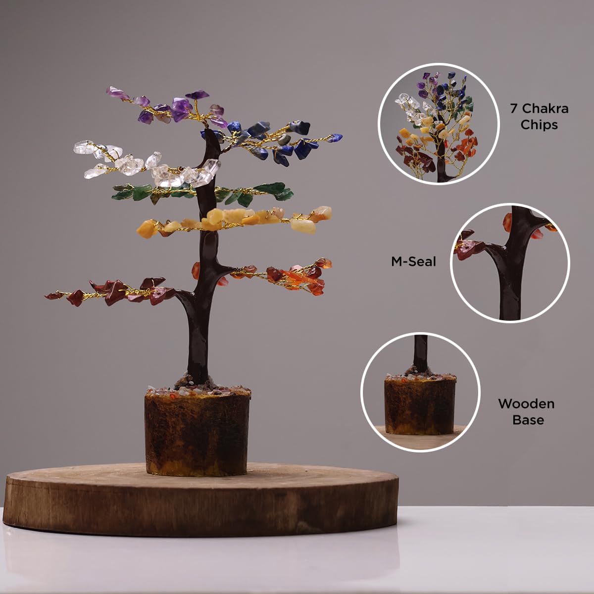 Shubhanjali 7 Chakra Tree 100 Beads M-Seal for Home Decoration | Crystal Tree for Positivity Goodluck | Gemstones | Feng Shui Stone Tree for Living Room, Office Desk & Hall Decor | Gift