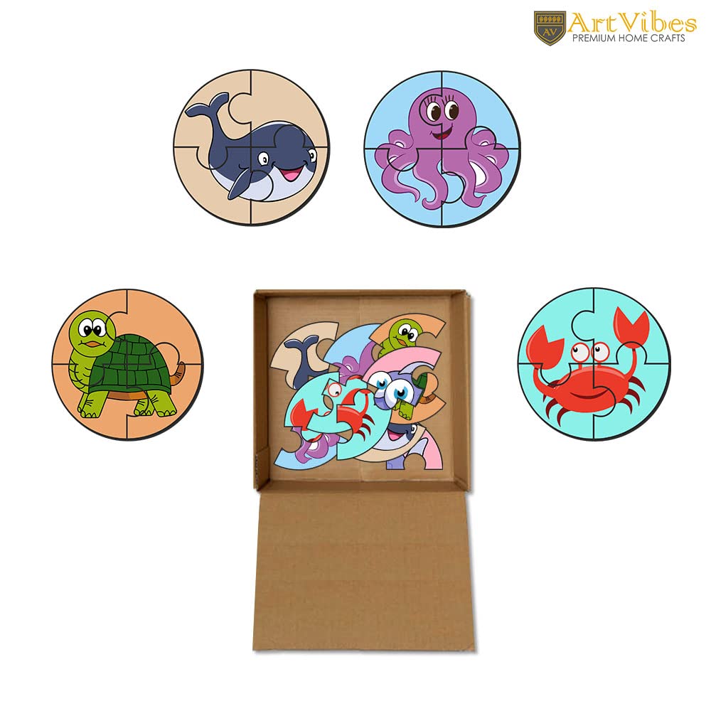Artvibes Cute Sea Animals Premium Wooden Puzzles for Kids | Jigsaw Puzzles for Kids Age 2-5 | 4 Piece Puzzles | Toddlers Wooden Puzzle (PZ_607NV), Set of 6