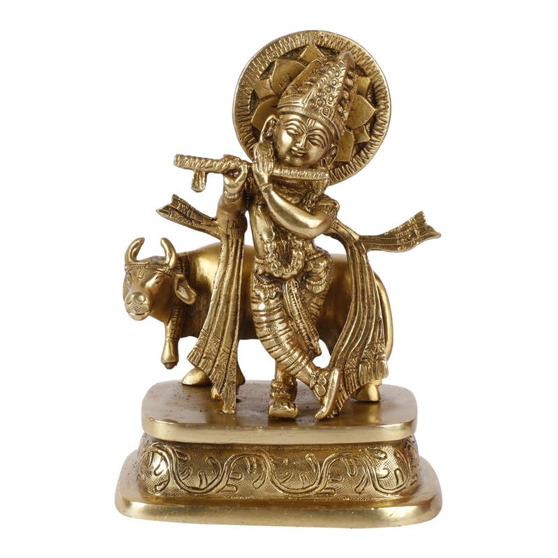 SVARUP Brass Krishna Bhagwan Idol with Gau MATA in Gold Color Height 6.5 Inch