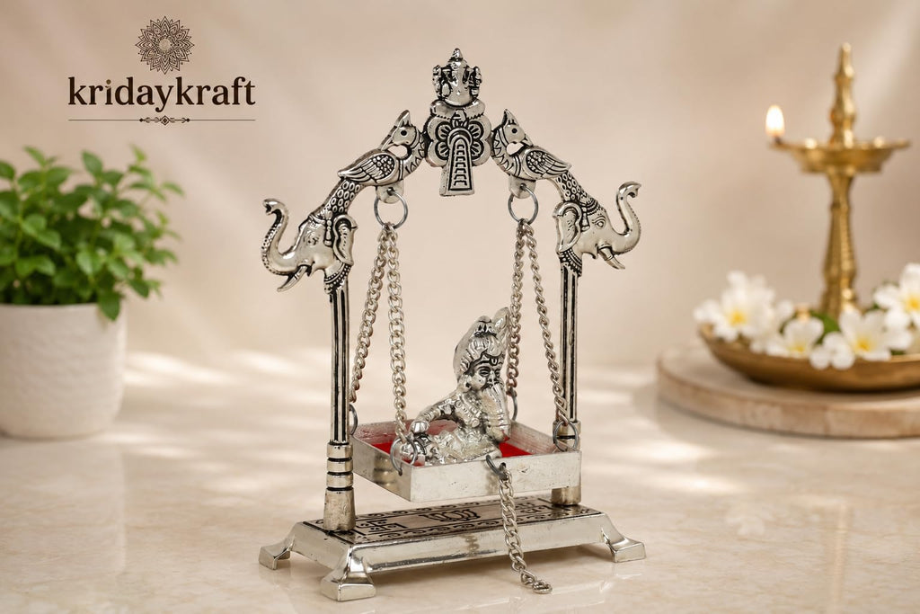 KridayKraft Silver Plated Metal Krishna Jhula with Elephant Design Stand | Lord Krishna on Swing Idol for Home Decor, Janmashtami Puja, Temple, & Spiritual Gifting.