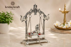 KridayKraft Silver Plated Metal Krishna Jhula with Elephant Design Stand | Lord Krishna on Swing Idol for Home Decor, Janmashtami Puja, Temple, & Spiritual Gifting.