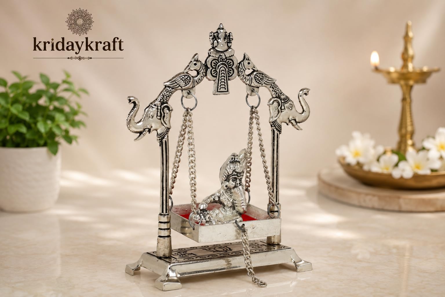 KridayKraft Silver Plated Metal Krishna Jhula with Elephant Design Stand | Lord Krishna on Swing Idol for Home Decor, Janmashtami Puja, Temple, & Spiritual Gifting.