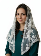 ELITE APRIL White Triangle church scarf, Christian scarf, with wig clip(wig pin) 120 * 80 cm. Elegant Floral Lace Mantilla Veil, Traditional Catholic Church Head Covering