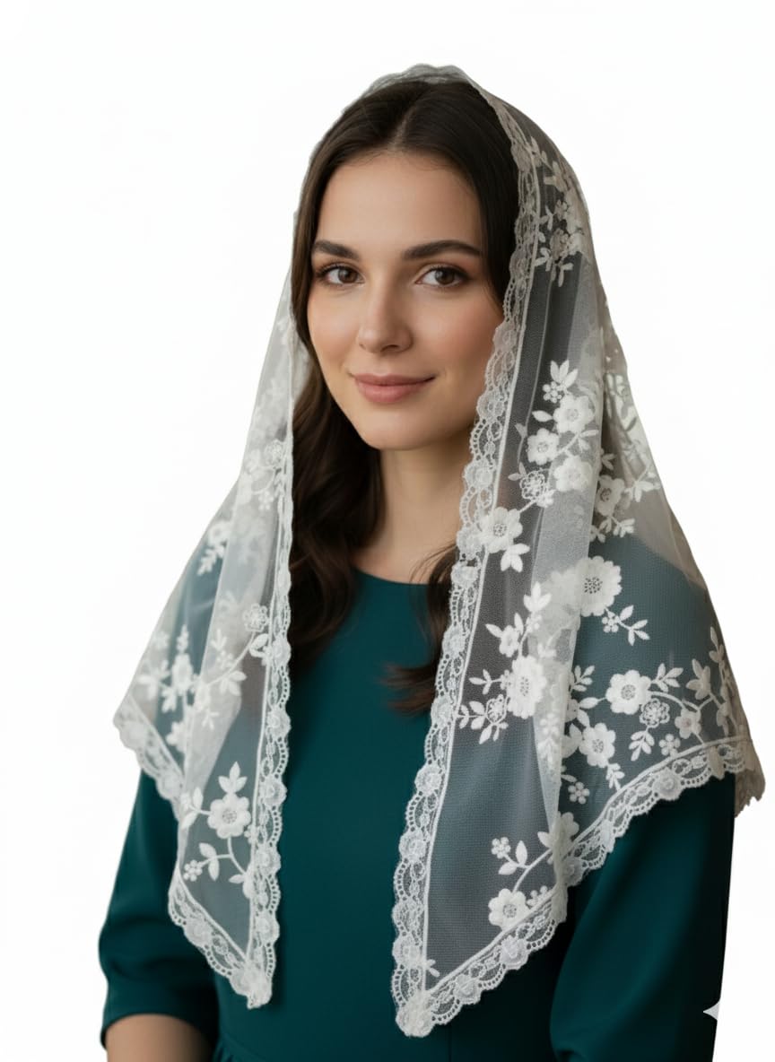 ELITE APRIL White Triangle church scarf, Christian scarf, with wig clip(wig pin) 120 * 80 cm. Elegant Floral Lace Mantilla Veil, Traditional Catholic Church Head Covering