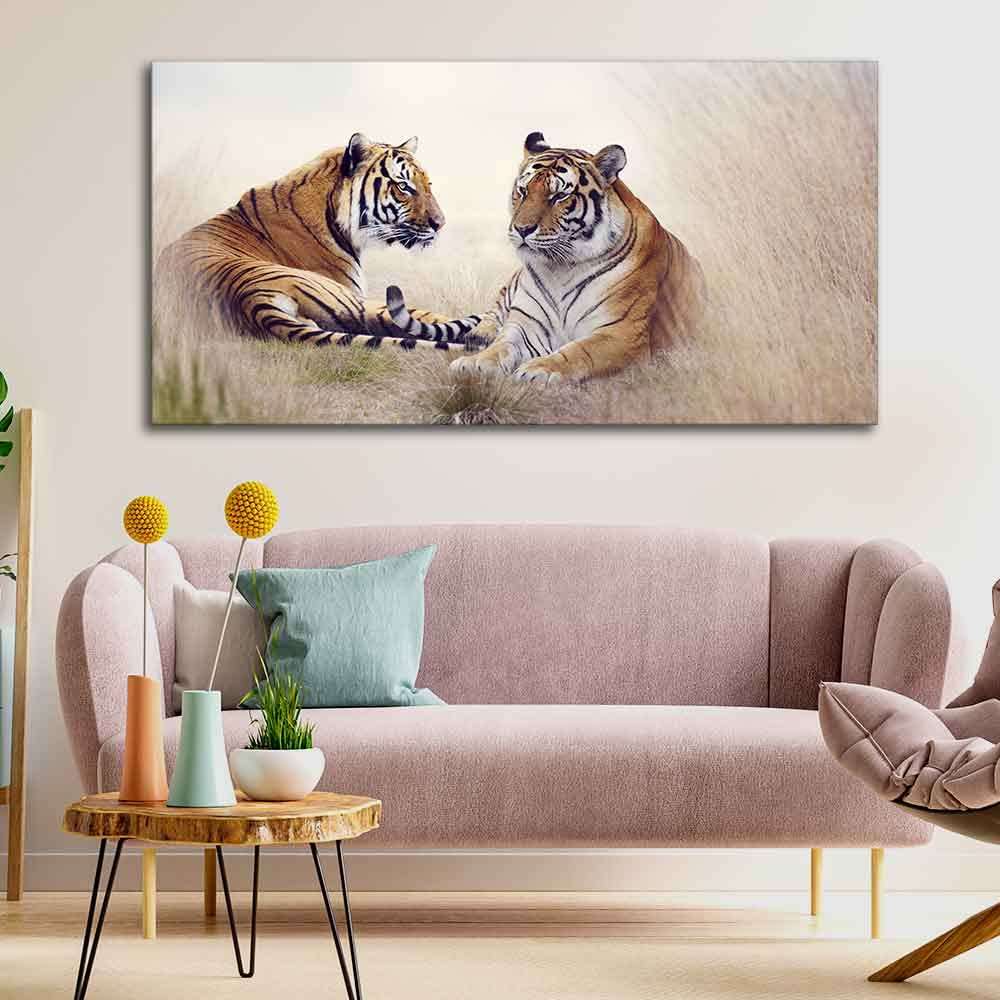 VIBECRAFTS Canvas Paintings for Living Room Drawing Room Two Tigers In Forest Premium Wall Painting Fitted With Wooden Frame for Home | Office | Gift (PTVCH_2339)
