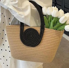 BEAUTIFUL HOMMIES Attractive Hand Bag | large Tote Bag | Summer Bag | Bucket Bag | Basket Bag | Bamboo Tote | Beach Bags for Women | Boho Bag | Handbag | jute Bag | Handmade Bag| (BEIGE-BLACK)