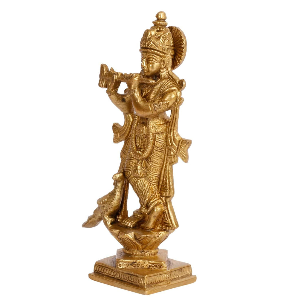 SVARUP Brass Krishna Idol Playing Flute in Gold Color for Small Mandir Height 6 Inch