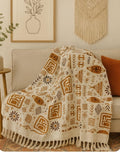 JutiePie Cotton Woven Throw Blanket with Tassels for Sofa, Bed & Couch | 3 Seater | 52x75 Inch White & Brown Abstract Design | Soft, Lightweight, Breathable Coverlet for Living Room, All Season Use Kafalo
