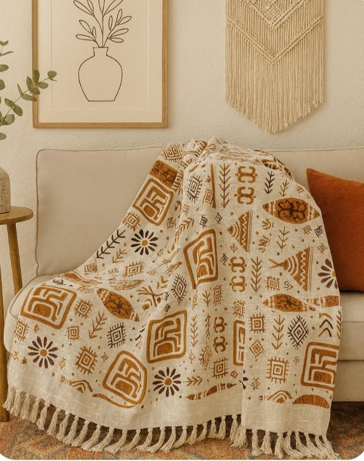 JutiePie Cotton Woven Throw Blanket with Tassels for Sofa, Bed & Couch | 3 Seater | 52x75 Inch White & Brown Abstract Design | Soft, Lightweight, Breathable Coverlet for Living Room, All Season Use Kafalo