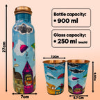 PAINTZSTORIES Embracing Rainy Delight Meena Print Copper Water Bottle Set | Handcrafted Tamba Bottle with 2 Glasses | Premium Copper Water Bottle for Home Décor, Office, Travel & Gifting | 900 ml