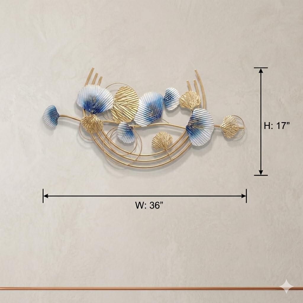 Mahira Artefacts Luxury Metal Wall Art, Blue and Gold Ginkgo Leaf 3D Wall Hanging, Modern Iron Sculpture for Living Room, Bedroom and Dining Hall