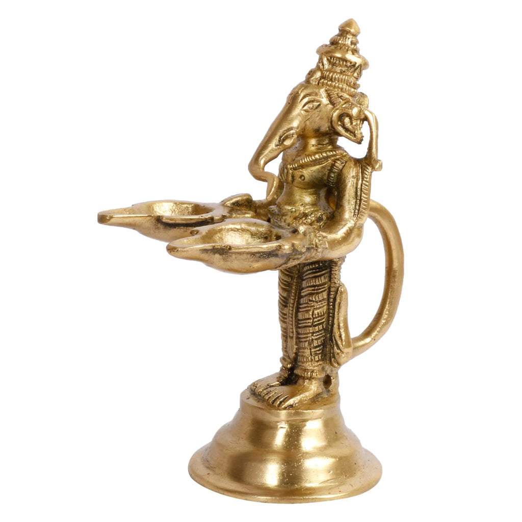 Artvarko Brass Ganesha Aarti Ganesh Diya Twin Oil Lamp with Handle Decorative Puja Home Temple Accessory, Camphor Burner lamp Aarti, Diwali Gifts Home Décor