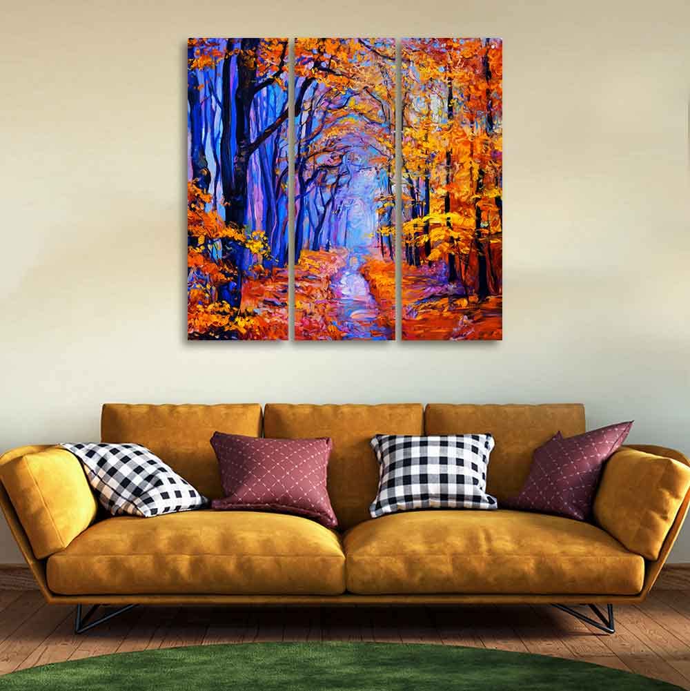 VIBECRAFTS Beautiful Forest 3 Pieces Canvas Wall Painting Fitted With Wooden Frame For Home | Office | Living Room | Gifts (PTVC3Pcs1_9511)