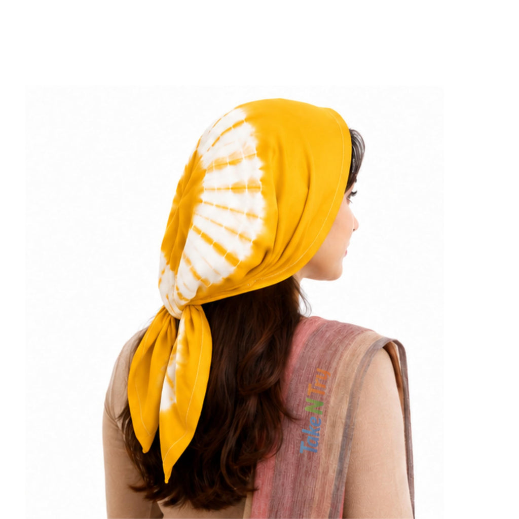 Take N Try Women’s Satin Head Scarf, Square Hair Wrap Cotton Bandana for Head, Neck & Hair, Daily Use, Travel & Ethnic Outfit, 30x30 Inch Fashion Printed Scarves for Female & Ladies Gift (Yellow)