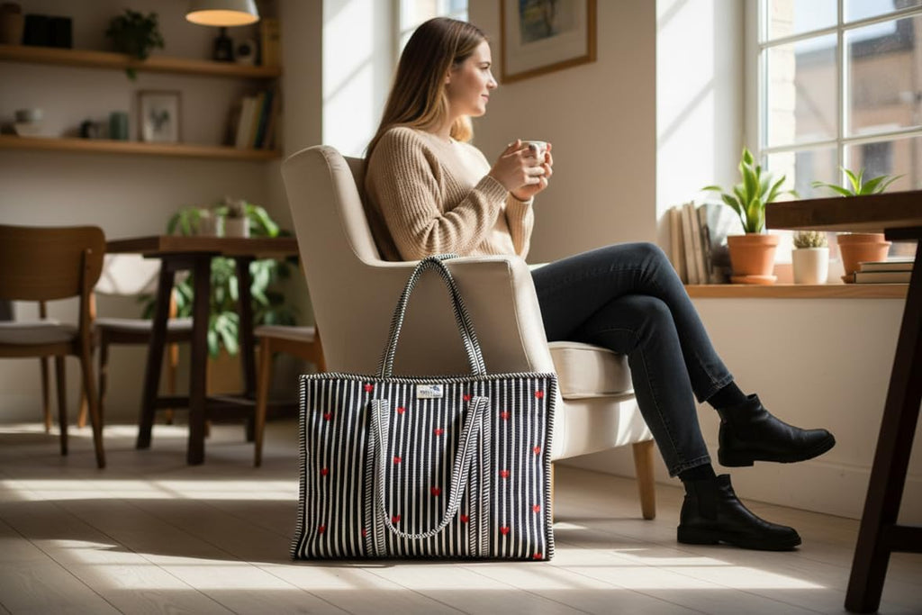 NAYASHI Big Size Quilted Cotton Tote Bag | Black & White Vertical Stripes Print | Inner Pocket & Heavy Metal Zipper | Reusable Shoulder Bag for Shopping, Office & Travel | 18 x 18 Inches