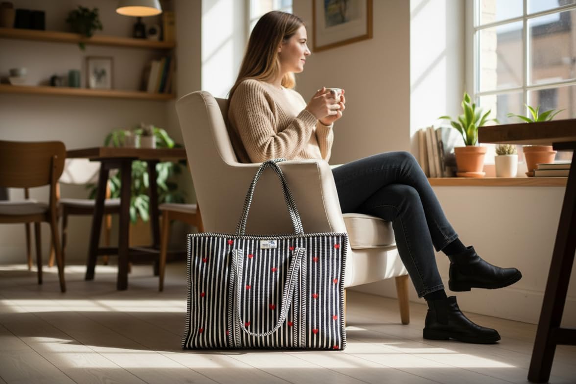 NAYASHI Big Size Quilted Cotton Tote Bag | Black & White Vertical Stripes Print | Inner Pocket & Heavy Metal Zipper | Reusable Shoulder Bag for Shopping, Office & Travel | 18 x 18 Inches