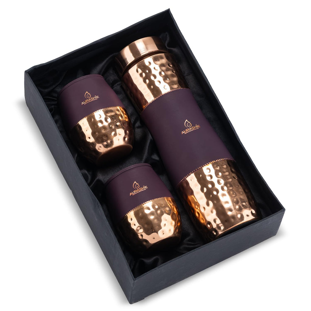 AURASHIE Pure Copper Drinkware Gift Set of 1 Bottle & 2 Glasses with Box | Pure Hammered Copper Drinkware | Gift Set for Birthday, Parties, Weddings & Festivals (Bergandi Grip Sleeve)