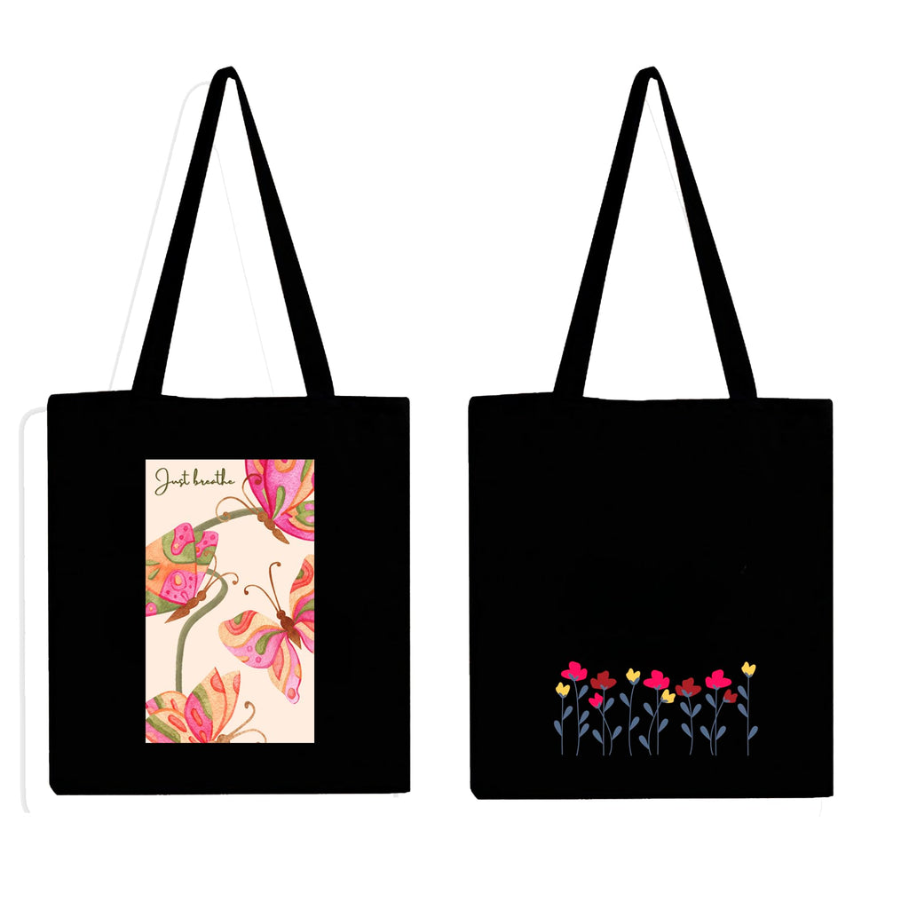 Peach Blossom Reusable Zipper With Pouch Tote Bags, 100% Cotton Shopping/Grocery Bag, Multi-Purpose Bag 5kgs Capacity, 2 Pack (BlkLineFlow_Blacjustbreath)